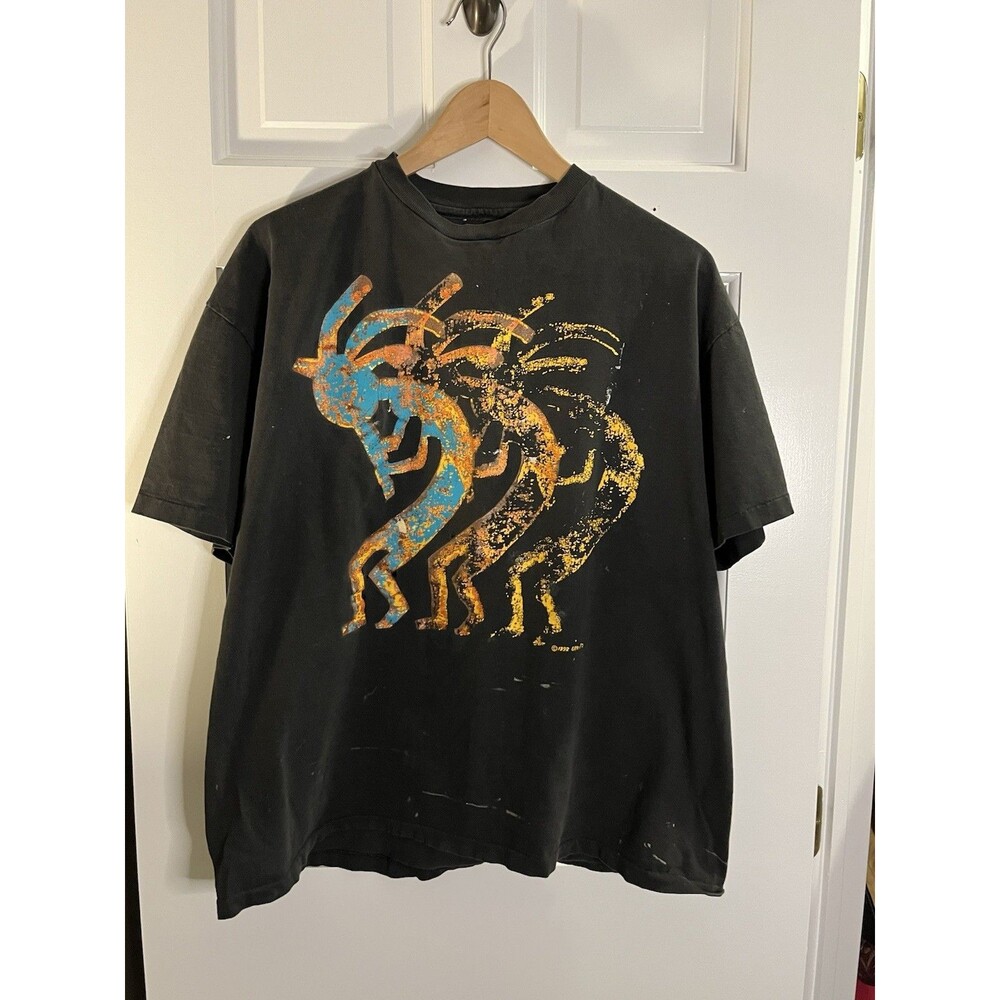 Vintage 1992 Ute Kokopelli Graphic T-Shirt Black Distressed Single Stitch